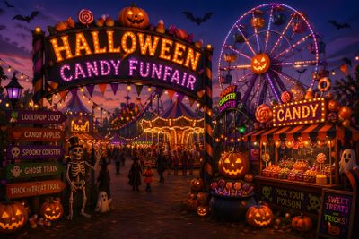 the entrance to halloween candy fun fair at night Halloween Carnival Halloween Time, Halloween Theme, Halloween Amusement Park, Halloween Candy, black