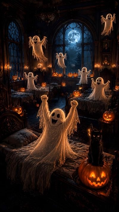 a room filled with lots of fake ghost and pumpkins in the air, while two black cats look on Halloween Ghost Halloween Pics, Animated Halloween, Happy Halloween Witches, Halloween Drawings, black