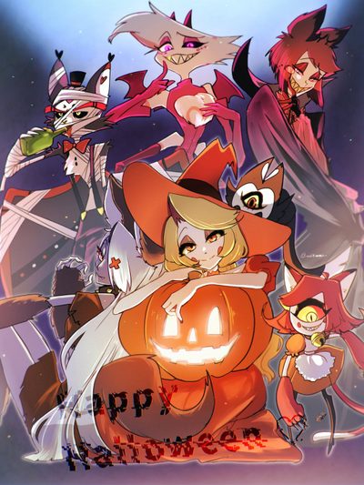 an animated halloween scene with cats and pumpkins Hazbin Hotel Halloween Hazbin Hotel Anime, Hazbin Hotel Pumpkin, Hazbin Pumpkin, indian red