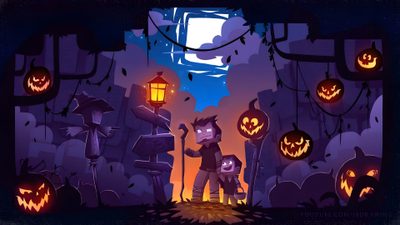 an animated halloween scene with two people and pumpkins Minecraft Halloween Mc Spooky Background, Minecraft Halloween Logo, Minecraft Halloween Banner, midnight blue