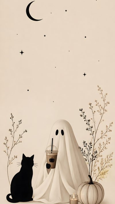 a black cat sitting next to a white ghost with a drink in it's mouth Halloween Smartphone Simple Fall Phone, Halloween Iphone Aesthetic, Halloween Phone, Cute Halloween, wheat