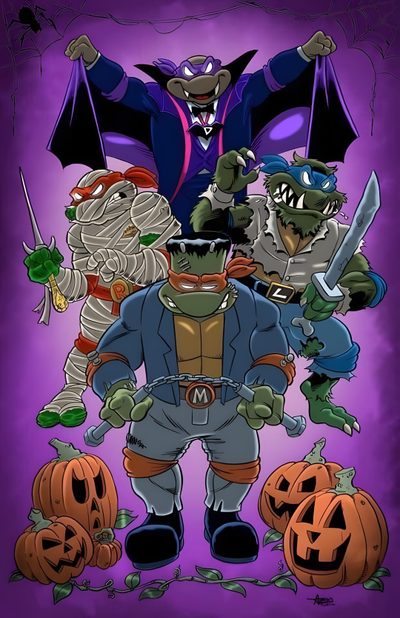 an image of cartoon characters with pumpkins and bats on them, all dressed up for halloween Tmnt Halloween Tmnt Cartoon Villains, Ninja Turtles Cartoon Villains, Ninja Turtles Vampire, dark slate blue