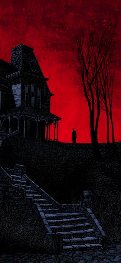a painting of a creepy house with stairs leading up to it and a person standing on the porch The Long Halloween Creepy Iphone Aesthetic, Black And Red Goth Aesthetic, Dark Halloween Iphone,