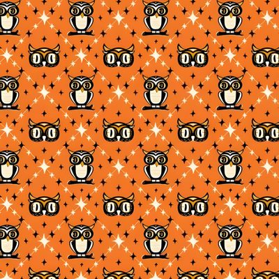an orange and black owl pattern with stars on it's backgroung Owl Argyle - Retro Halloween Orange Bright Owl Fabric Patterns, Halloween Fabric, Bright Owl Fabric Print, chocolate
