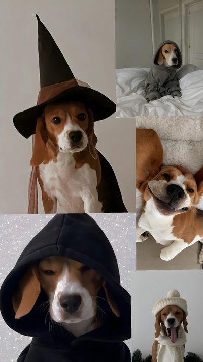 four pictures of dogs dressed up in halloween costumes, including a dog wearing a witches hat Cute Beagle Halloween Beagle Puppy, Cute Beagle Background, Beagle Fall, Beagle Background, gray