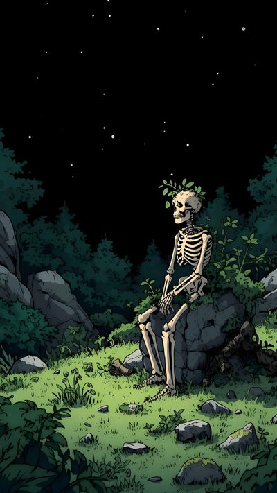 a skeleton sitting on top of a rock in the grass under a sky full of stars Cute Aesthetic Halloween Skeleton Skeleton, Scary Environment, Skeleton Iphone Aesthetic, Phone Drawing, black