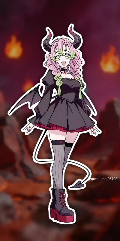 an anime character with pink hair and horns on her head, standing in front of a mountain Mitsuri Halloween Anime Paper, Fanarts Anime, Pictures To Draw, Demon Slayer, Anime Demon, maroon