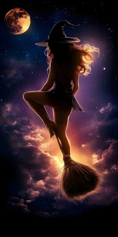 a woman in a witch costume flying through the air with a broom on her head Witch Broomstick For Halloween Fantasy Witches, For Witches, Witches Iphone, Witches Backgrounds, black