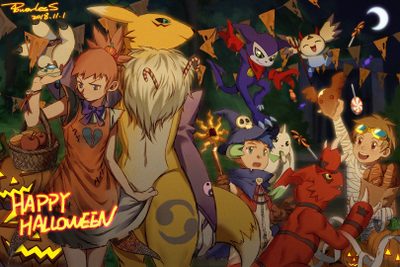 an animated halloween scene with many cartoon characters Digimon Halloween Digimon Halloween, Pumpkinmon Gif, Digimon Pumpkinmon, Digimon Christmas, saddle brown