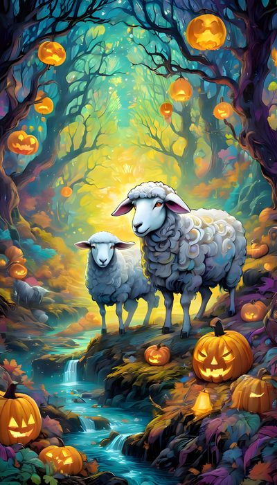 two sheep are standing in the woods with pumpkins Halloween Sheep The Pumpkin Rabbit Sheep, Halloween Farm, Autumn Sheep, Black Sheep Halloween, dim gray