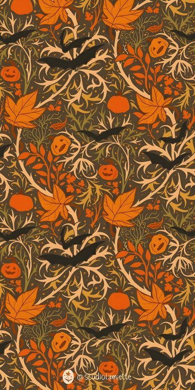 an orange and black floral pattern with leaves Vintage Halloween Orange Autumn Spooky Patterns, Spooky Thanksgiving, Spooky Autumn Decor Pattern, saddle brown
