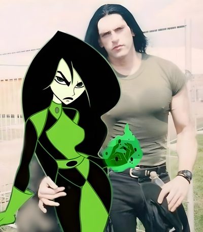 a man with long black hair wearing a green and black outfit next to a cartoon character Type O Negative And Pantera On Halloween Feelings, dark sea green