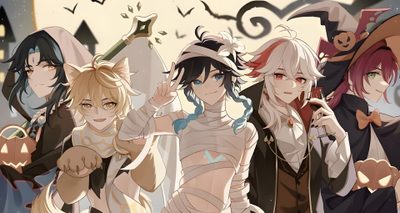 a group of people standing next to each other in front of a halloween background with bats Halloween Genshin Halloween Genshin, Genshin Halloween, Genshin Impact Halloween, rosy brown