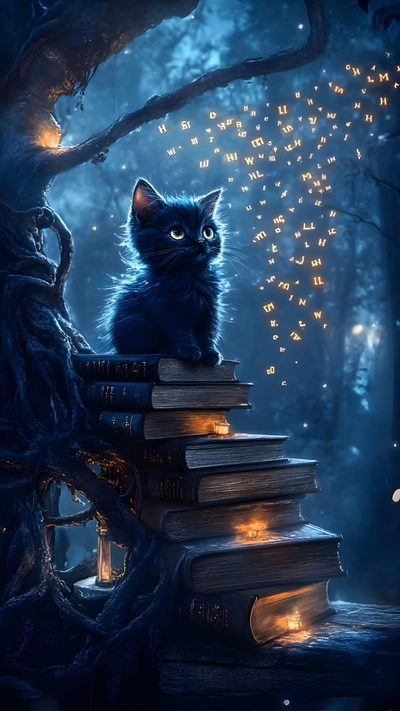 a black cat sitting on top of a pile of books in the woods with fairy lights Halloween Cat Gif Magic Cat, Books And Cats, Witch Cat, Black Cat Gif, Witch And Cat, dark slate gray