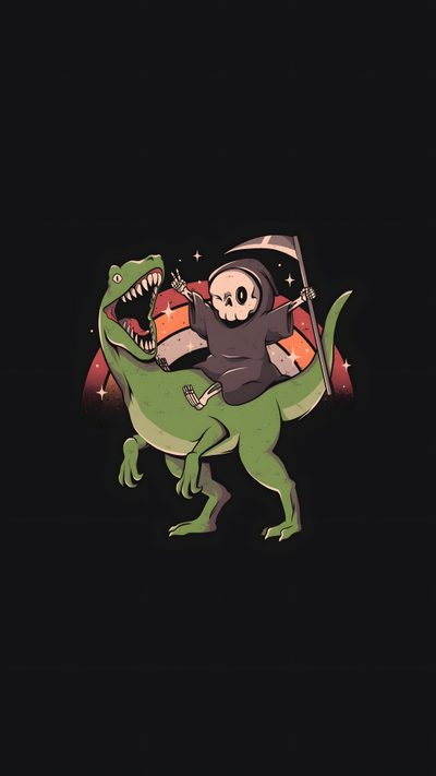 a skeleton riding on the back of a dinosaur Halloween Dinosaur Hd Trippy Dinosaur, Dinosaur, Plains Background, Phone Screen, Funny Cute, Funny, black