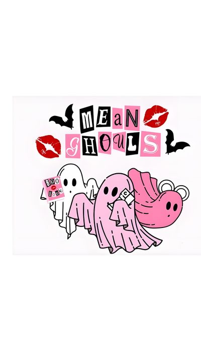 the mean show logo is shown in pink and black, with two cartoon characters on it Cute Halloween Mean Girls Halloween, Happy Halloween Mean Girls, white