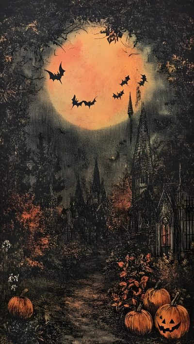 an image of halloween scene with pumpkins and bats Nostalgic Halloween Iphone Spooky Vintage Halloween, Spooky Cat Image, Vintage Spooky Background, dark slate gray