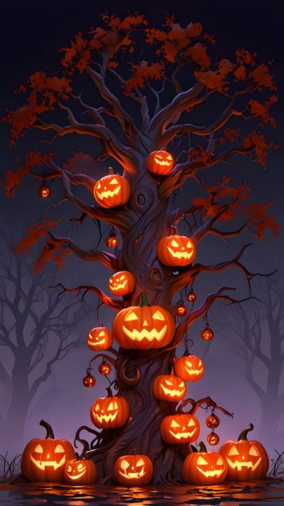 a tree with pumpkins carved into it Halloween Tree Halloween Tree Pictures, Halloween Screensavers, Halloween Jack O Lantern Tree, dark slate gray