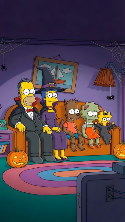 the simpsons family is sitting in their living room for halloween time with pumpkins on the floor Simpsons Halloween 4k Halloween Simpsons, Simpsons Halloween Decorations, The Simpsons Halloween, dark slate gray