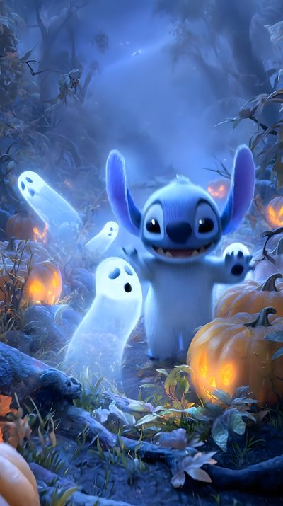 an animated movie character surrounded by pumpkins and ghost like creatures in a forest at night Halloween Stitch Gif Phone Backgrounds, Iphone, Graphics Designer, Graphic Design, steel blue