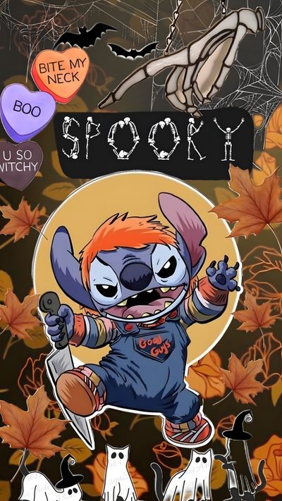 a cartoon character with an orange hair holding a knife Stitch Halloween Ghostface Spooky Cute, Trio Halloween, Siri, Stitch Halloween, dark olive green