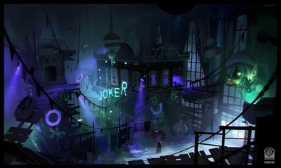 an animated city with lots of neon lights Arkham Halloween Concept Art World, Arkham City Batman, Batman Concept Art, Batman Concept, black