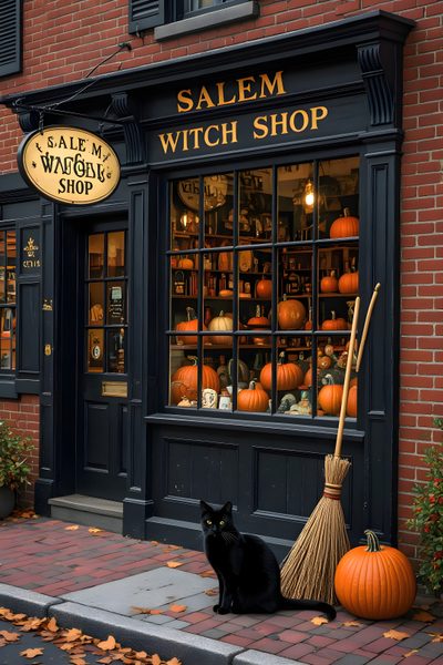 a black cat sitting in front of a witch shop Salem Halloween Aesthetic Halloween Stand, Fall Witch Aesthetic, Autumn Witch, Witches Shop, dark slate gray