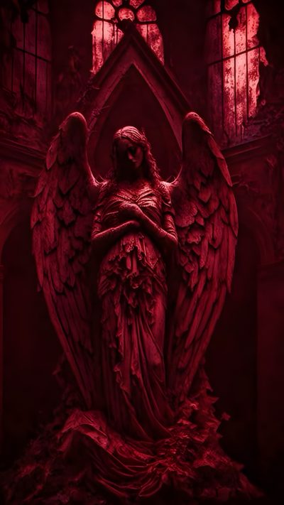 an angel statue in front of a gothic window Halloween Angel Faze, Devil Aesthetic, Red Aesthetic Grunge, Red Goth, Red And Black, Red Gothic,