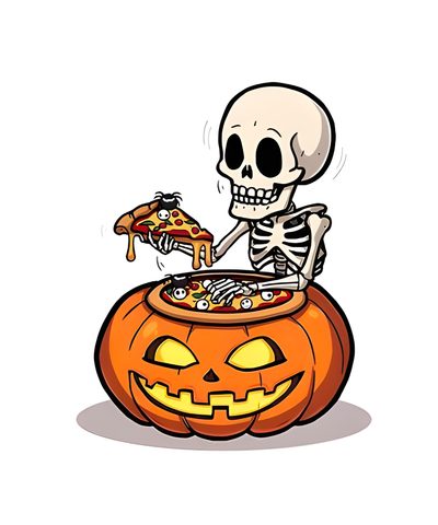 a skeleton eating pizza out of a pumpkin Halloween Pizza Cartoon Halloween, Skeleton Eating Pizza, Skeleton With Pumpkin Head Cartoon, white