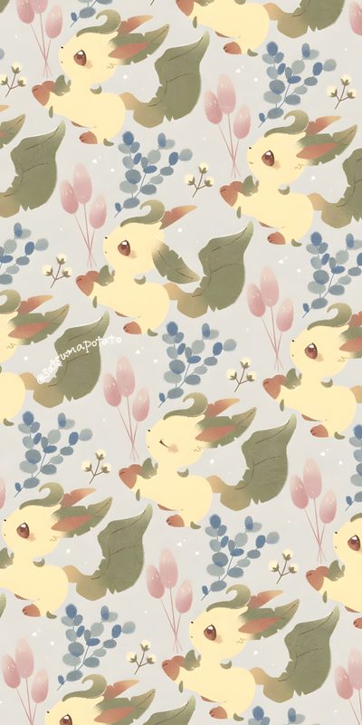 a pattern with birds and flowers on a gray background Leafeon Halloween Swadloon, Aesthetic Pokemon Background, Pokemon Pastel, Eevee Aesthetic, wheat