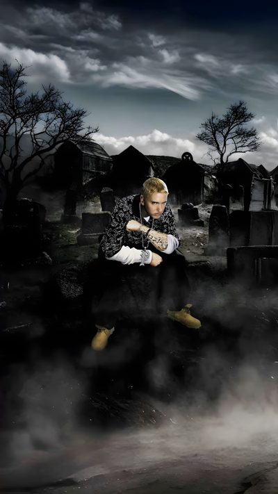 a man sitting on top of a pile of tombstones in the middle of a graveyard Eminem Halloween Biggie Smalls Art, Eminem Photos, Chicka Chicka, Moving, Biggie Smalls, dark slate gray