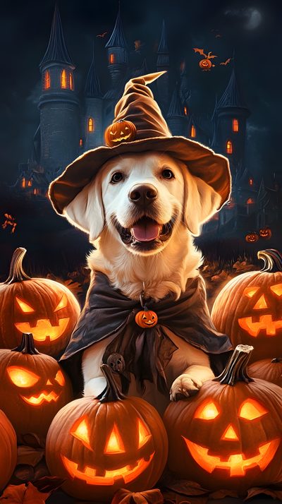 a dog wearing a witches hat sitting in front of pumpkins Halloween Dog Hd Halloween Dog, Cute Dog Halloween, Halloween Dogs, Halloween Dog Background, dark slate gray