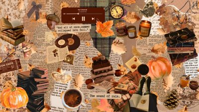 a collage of books, coffee, and fall leaves is featured in this image Halloween Collage Ipad Fall Backgrounds Ipad, Fall Backgrounds Aesthetic Laptop, Fall Themed Computer, peru