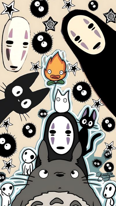 totoro and other cartoon characters are surrounded by black, white, and orange objects Ghibli Halloween Handmade Greeting Card Designs, Ghibli Artwork, Iphone App Layout, Ghibli Art, dark gray