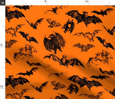 an orange and black bat print fabric with bats flying over it, on top of an orange background Vintage Bats For Halloween Fabric And Bat Pattern, Artist Tutorials, Halloween Diy Crafts, chocolate