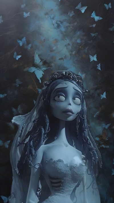 a painting of a woman in a wedding dress with butterflies around her head and eyes Halloween Iphone Corpse Bride Tim Burton Movie, Tim Burton Art, Emily Corpse Bride, Warface, dark slate gray