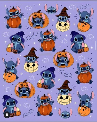 stitcher sheet with many different pictures of stitchers and pumpkins on purple background Stitch Halloween For Ipad Kawaii Kawaii Cute Stitch Halloween, Stitch Fall Background, Stitch Halloween For Ipad, light steel blue