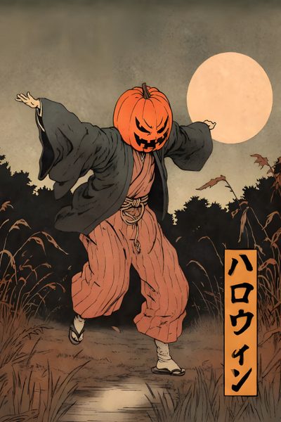 an image of a person with a jack - o'lantern on his head walking down a path Japanese Halloween Office Wall Art, Ukiyo E, Modern Japanese Design, Wall Art, Canvas Paper, dark olive green