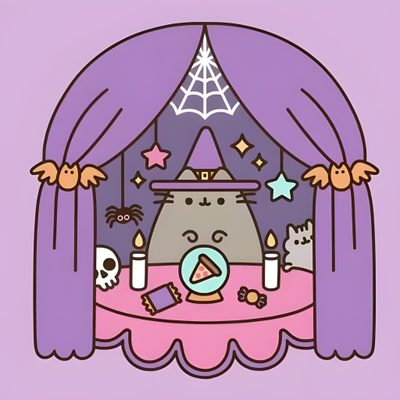 a cartoon cat is sitting in front of a table with candles and other items on it Kawaii Halloween Gif Pusheen Ghost, Witch Pusheen, Pusheen In Halloween Pumpkin, Halloween Pusheen, dark gray