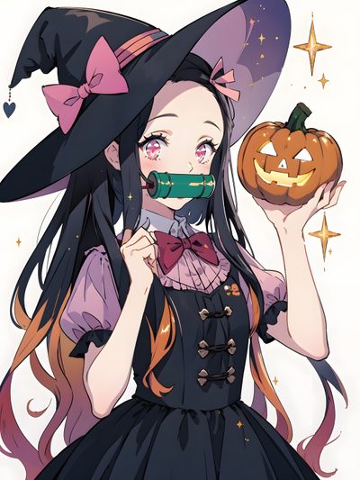 a girl in a witch costume holding a pumpkin Nezuko Kamado Halloween Anime Art For Halloween Decor, Anime Witch Holding A Pumpkin, Cute Witch Illustration, rosy brown