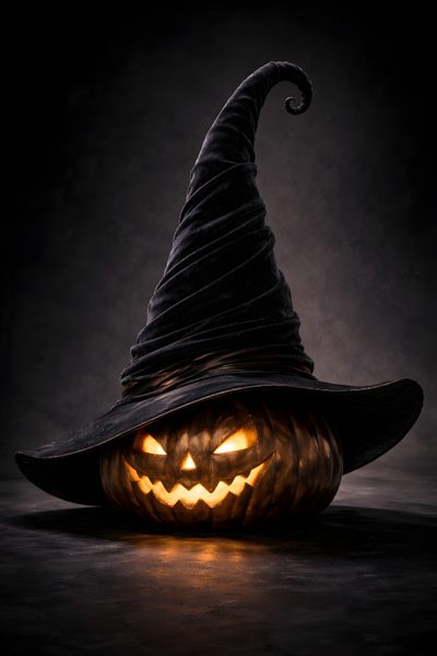 an illuminated pumpkin in a witches hat Halloween Witch Hat Goth Halloween, Happy Halloween Pictures, Halloween Cute, Halloween Painting, black
