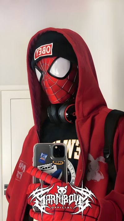 a person in a red hoodie holding a cell phone and wearing a mask on their face Aesthetic Halloween Boys Wade Wilson, Spiderman Outfit, Spiderman Mask, Spiderman Gifts, brown