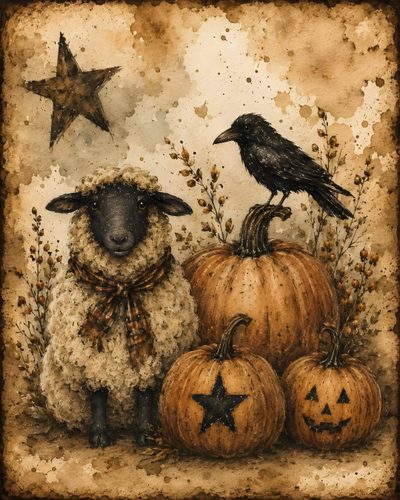 two sheep standing next to each other with pumpkins in front of them and a crow on top Halloween Sheep Primitive Crafts To Make, Primitive Labels, Farm Prints, Animal Painter, sienna