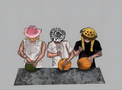 three people wearing masks and holding basketballs Sturniolo Halloween How To Draw Triplets, Sturniolo Triplets Charlie Brown, Sturniolo Triplets As Peanuts Characters, dark gray