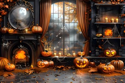 an image of a halloween scene with pumpkins Halloween Fireplace Fall Background With Fireplace, Spooky Halloween Backdrop, Haunted House Background For Photoshop, dark olive green