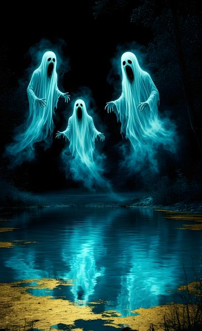 two ghost like figures floating in the air over water Halloween - Ghost Mood - Aqua Halloween Art, Scary Halloween Ghost Images, Scary Ghost Background, black