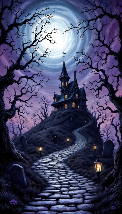 a painting of a house on a hill at night with lanterns in the foreground Halloween House Ideas Spooky Images, Spooky Background, Spooky Haunted Background, dark slate gray