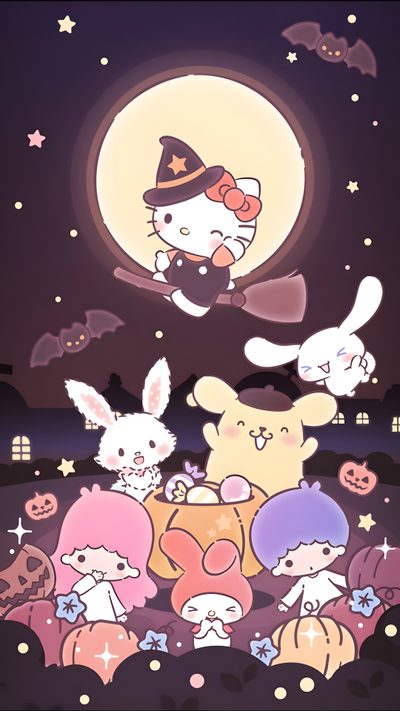 an image of hello kitty and friends in the night sky with pumpkins on the ground Sanrio Halloween Halloween Iphone, Hello Kitty Halloween, Halloween, Decor Shabby Chic, dim gray