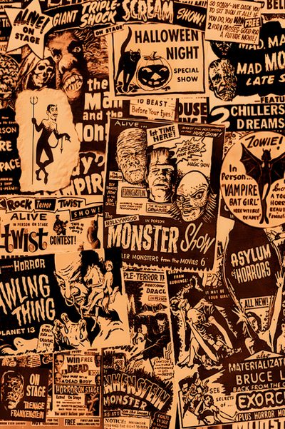 an old wall covered in posters and advertisements Old Ways Halloween Iphone Halloween, Vintage Horror Background, Horror Vintage, sienna