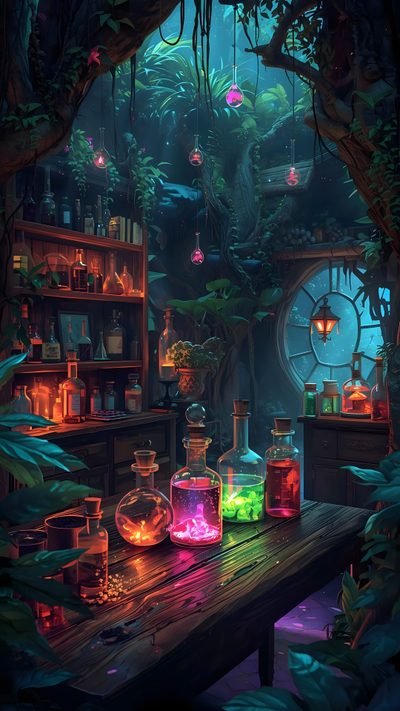 an image of a room with plants and bottles on the table in front of it Dnd Halloween Witchy, Storybook Art, Magical Art, Cool Art, Halloween, Dreamy Art, dark slate gray